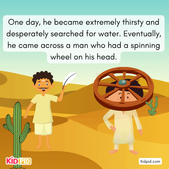 Shocked Brahman begs to know when the spinning wheel will leave his head.