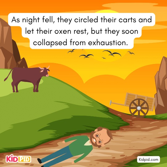 Men and oxen collapsing from exhaustion at night — sad moral story scene showing effects of poor choices.