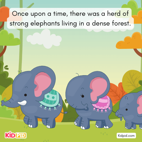 Herd of strong elephants living in a dense forest in a children’s animal story teaching wildlife and nature concepts.