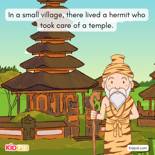 Hermit sharing food with helpers who clean the temple, teaching kids generosity and cooperation.