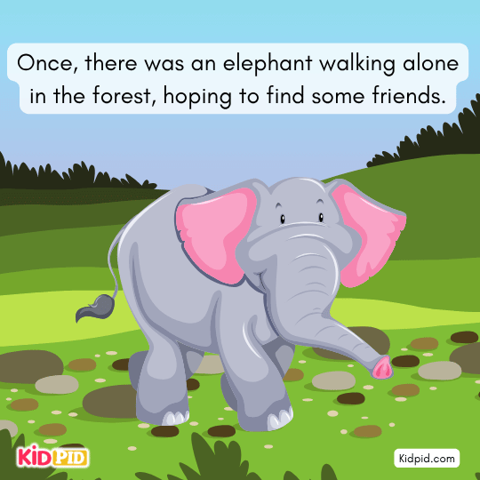 Lonely elephant walking in the forest looking for friends in this children’s moral story.