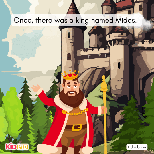 King Midas helps a Satyr, friend of Dionysus, starting a children’s mythological moral tale.