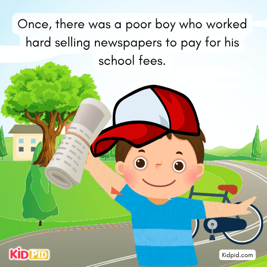 Poor boy sells newspapers to pay school fees, working hard every day.