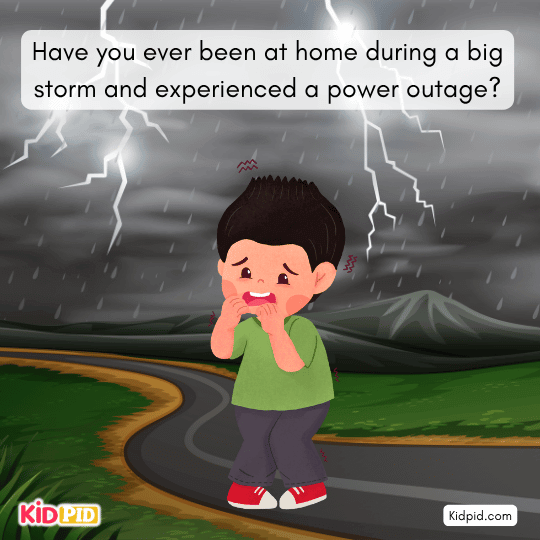 Kids experiencing a power outage during a storm at home, learning about electricity and light energy importance – science for kids