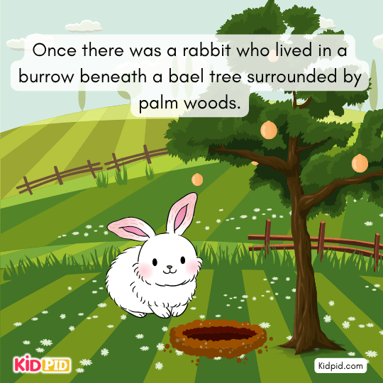 A rabbit lives in a burrow under a bael tree surrounded by palm woods.