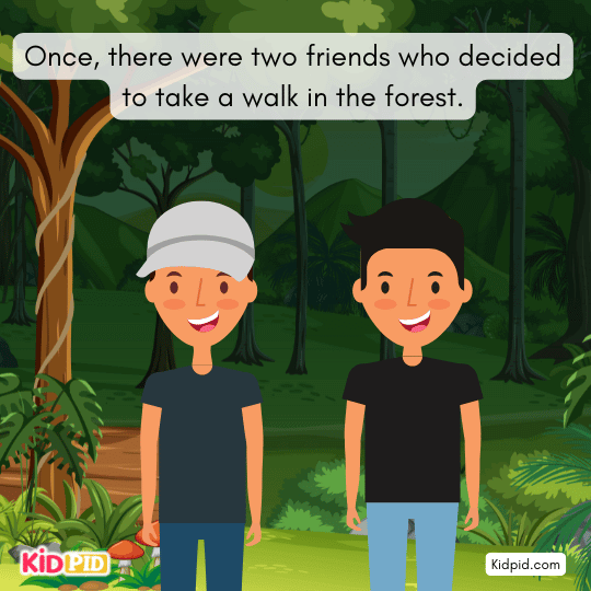 Two friends walking together in a forest, unaware of the danger ahead.