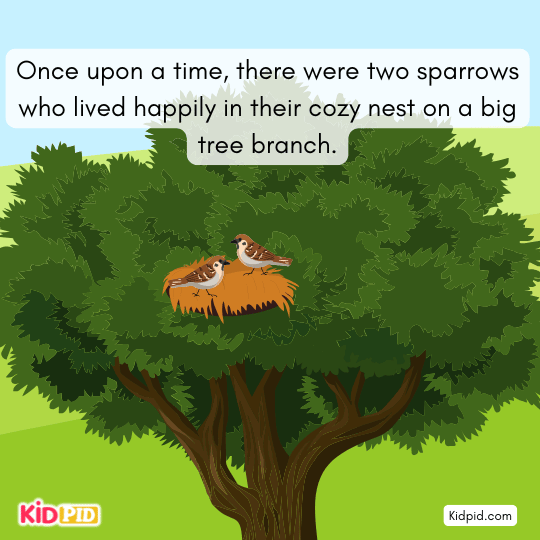 Two sparrows live happily together in their cozy nest on a large tree branch.