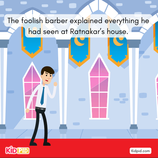 The foolish barber explains Ratnakar’s miracle, misunderstanding its real meaning.