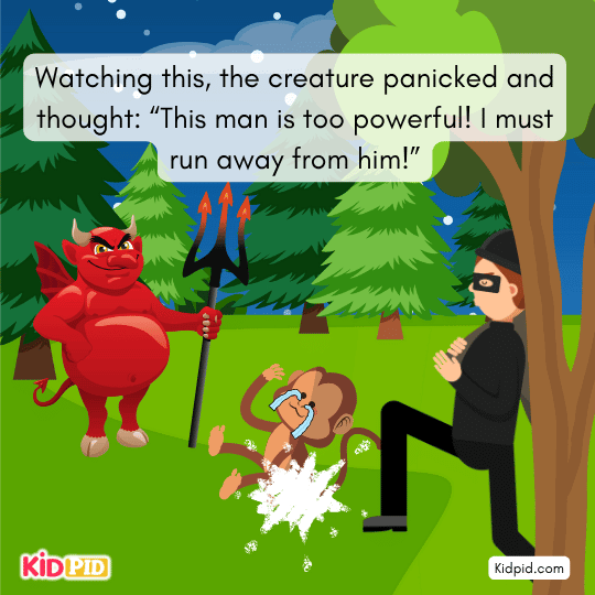 Creature runs away in fear from the man who overpowered the monkey.