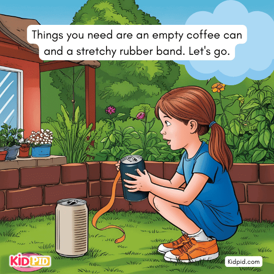 Rubber band and can used to create vibrations – simple STEM experiment showing sound waves for kids.