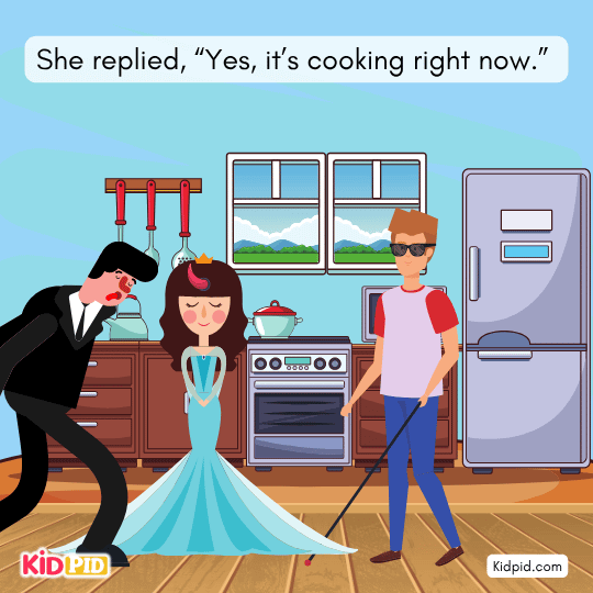 Blind man strikes the princess, and the horn on her head disappears too.