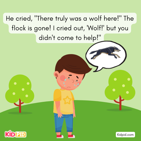 Boy confessing truth about wolf – honesty lesson image.