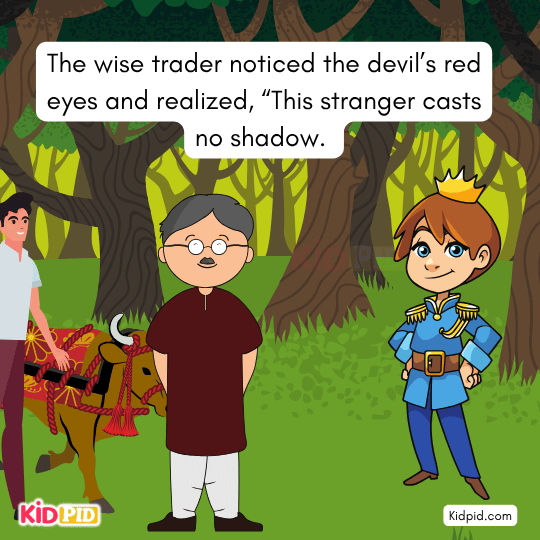 Trader warning his men not to eat or drink in forest — kids’ moral story about leadership and awareness.