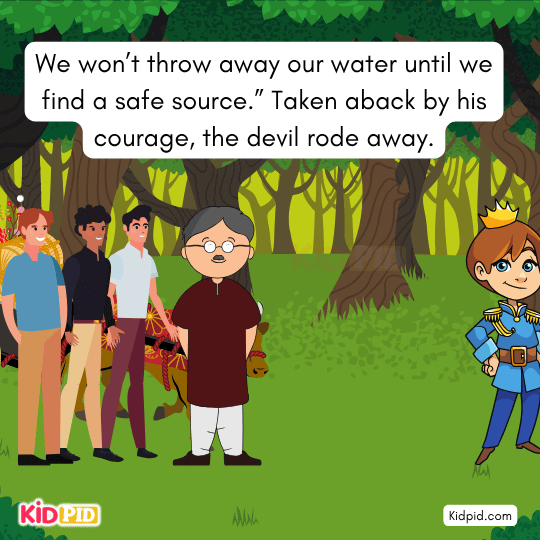 Wise trader bravely refusing the devil’s suggestion — moral story image about courage and cleverness.