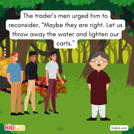 Wise trader explaining about Waterless Desert — educational story image revealing truth and danger ahead. 