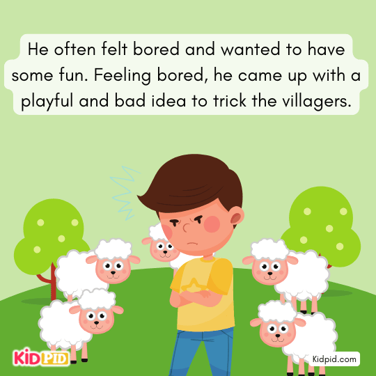 Bored shepherd boy planning prank – kids moral tale.