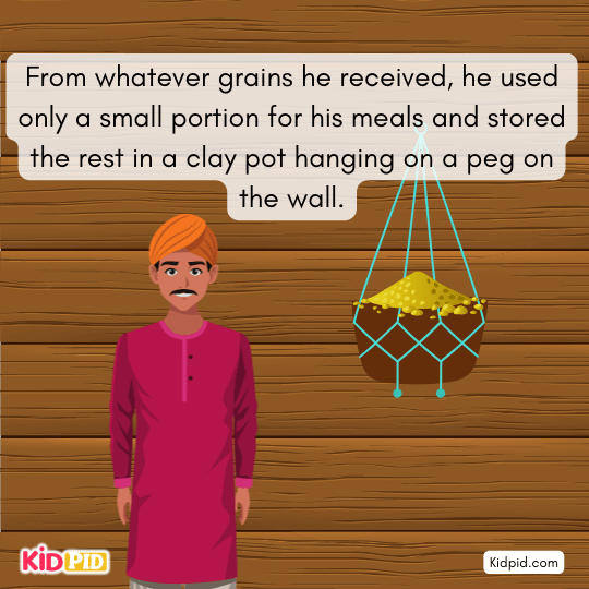 Brahmin storing leftover grains in a clay pot hanging on the wall for future use.