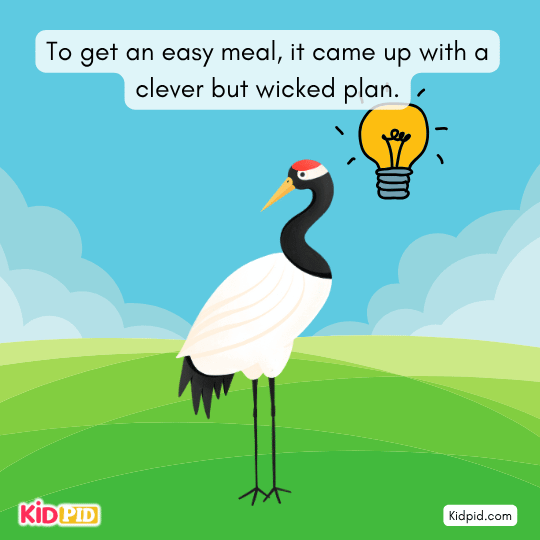 Crane creates a wicked plan to get an easy meal, showing deception and danger in this children’s fable.