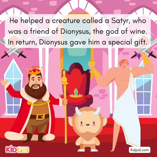 Dionysus rewards Midas with one wish in this kids’ story about kindness and consequences.