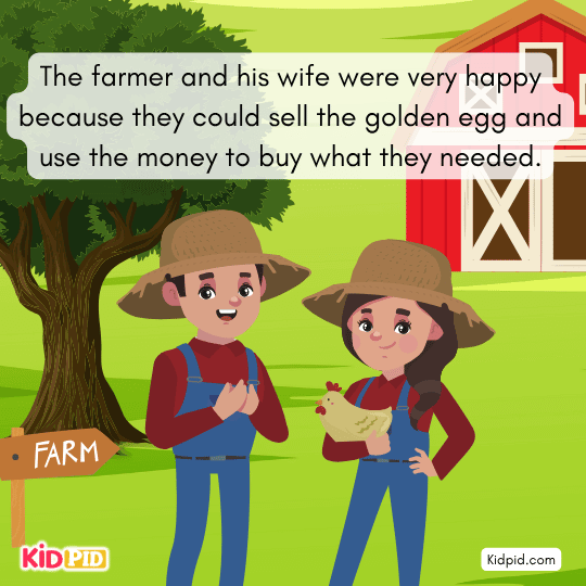 Farmer and wife happy as they sell the daily golden egg and earn money for their needs.