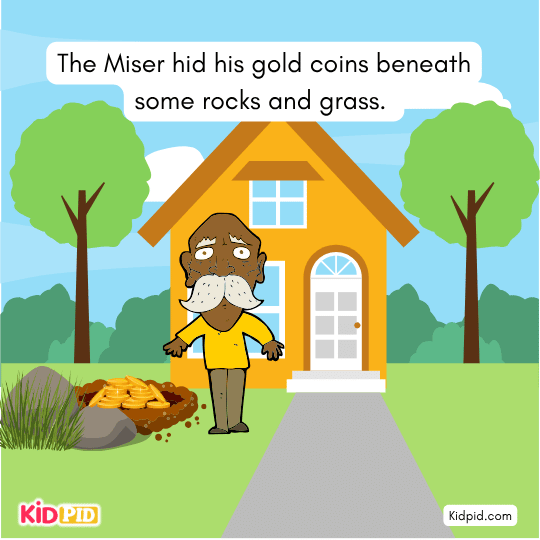 Old miser hiding gold coins under rocks and grass in his garden, greed story for children.