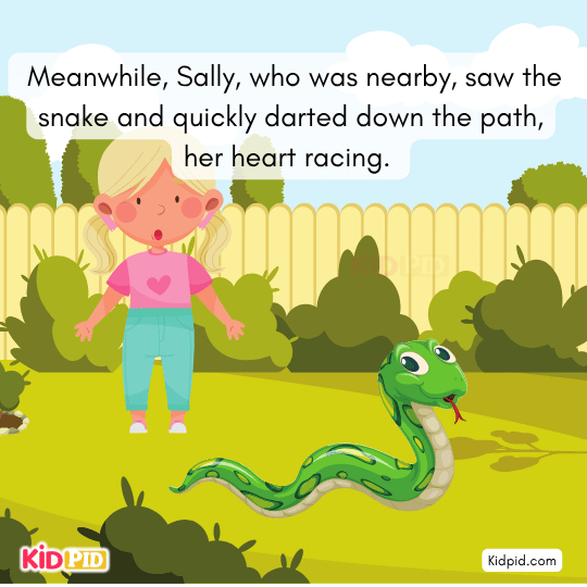 Sally runs down the path after seeing the snake, heart racing fast.