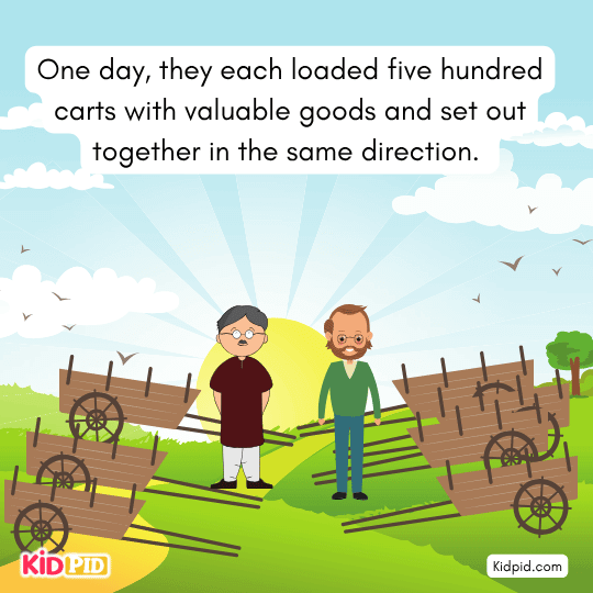 Traders loading five hundred carts with valuable goods — illustration of merchants preparing journey in moral tale. 