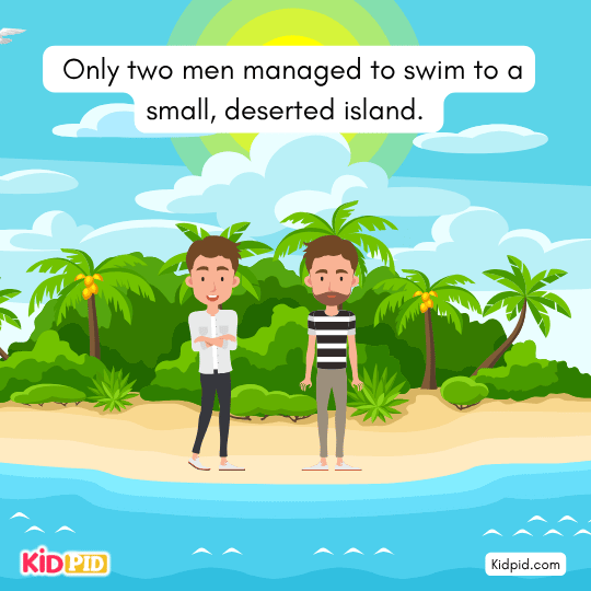 Two men swimming to deserted island after shipwreck life lesson illustration