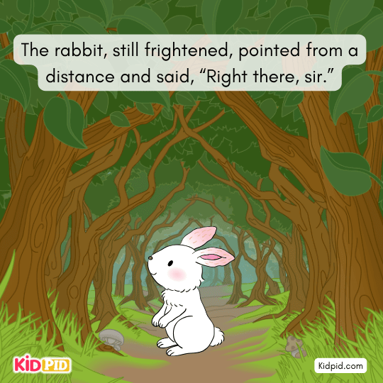 Rabbit listens as lion clarifies the truth about the harmless bael fruit.