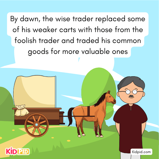 Trader trading common goods for valuable items — image of success through wisdom and smart choices. 