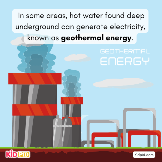 Geothermal energy created from hot water deep underground – renewable heat energy example for students 