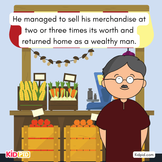 Wise trader returning home rich and respected — happy ending image teaching kids patience and hard work.