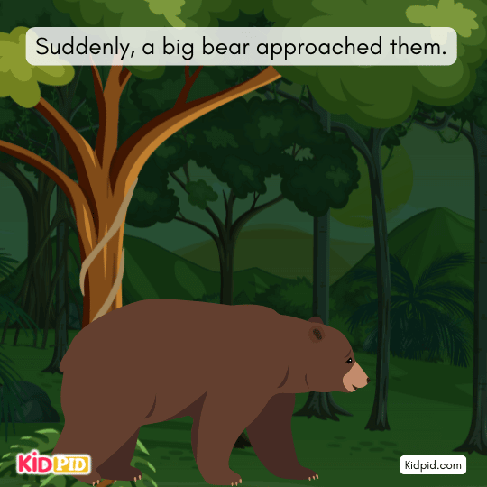 A big bear suddenly approaches the two friends during their forest walk.