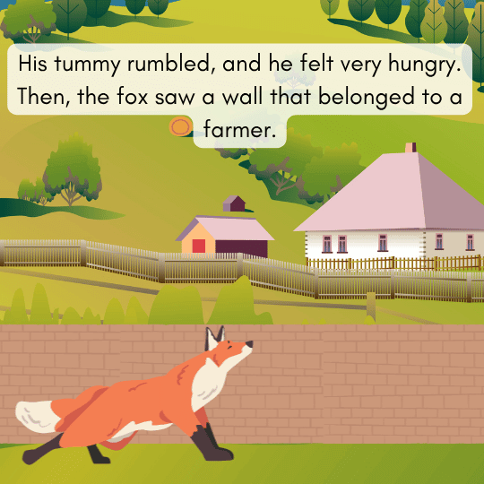 Fox spotting a farmer’s wall while searching for food in a moral story for children.