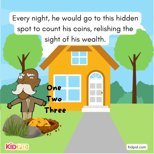 Miser counting his gold coins every night, moral story about greed and attachment to wealth. - Fable about forgiveness 