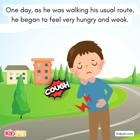 Hungry boy walks his route feeling weak and tired from lack of food.