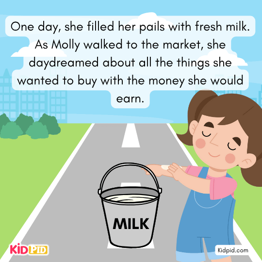 Molly carries pails of fresh milk to the market while daydreaming happily.