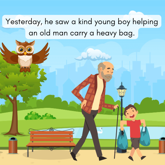 Owl sees a helpful young boy carrying a heavy bag for an elderly man, showing kindness and empathy.