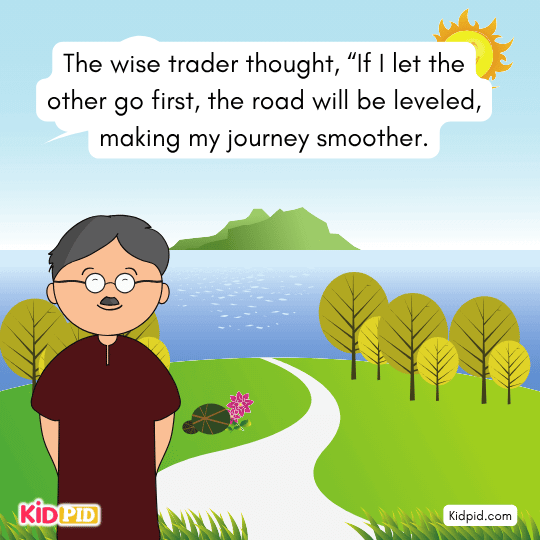 Wise trader thinking to let the other go first — image teaching wisdom and smart planning for kids. 