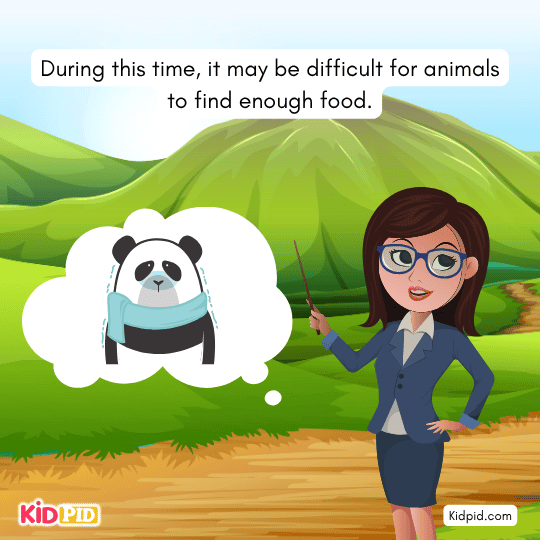 Animals struggling to find food during cold winter months — seasonal change lesson for children.