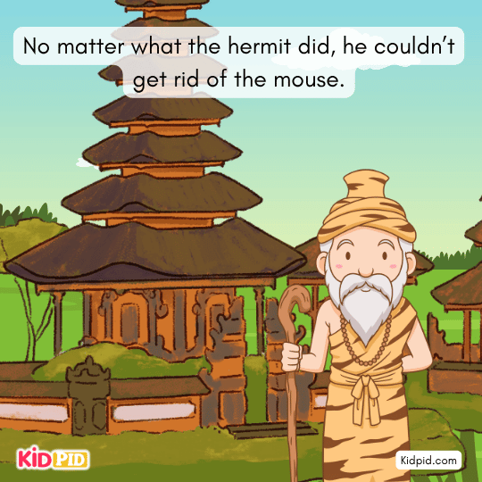 Hermit placing food in a hanging pot, but the clever mouse still steals it in this children’s fable.