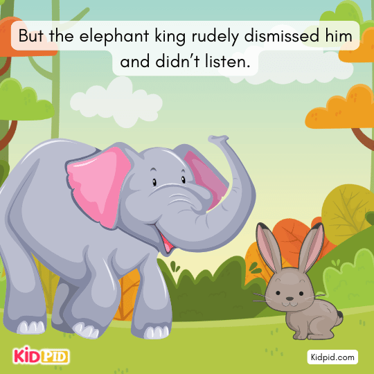Alt: Elephant king rudely dismissing the hare’s request in a moral story about kindness, sharing, and empathy.