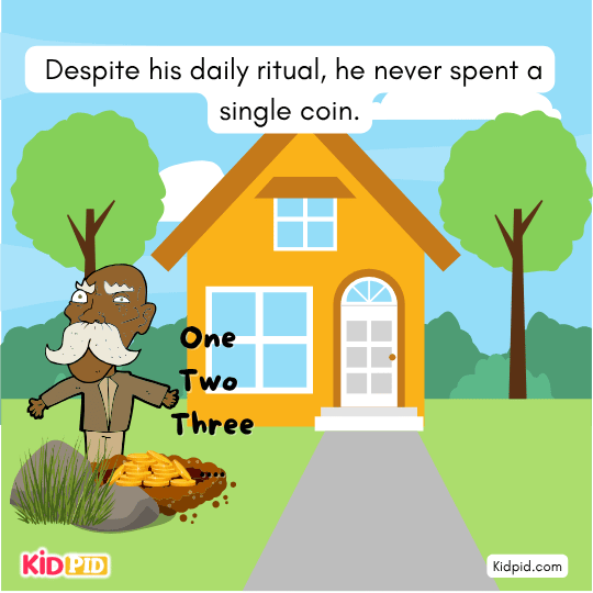 Greedy old man admiring his treasure but never using his gold, life lesson for kids.