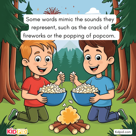 Crack of fireworks and popcorn popping – onomatopoeia and sound imitation for children’s science story.