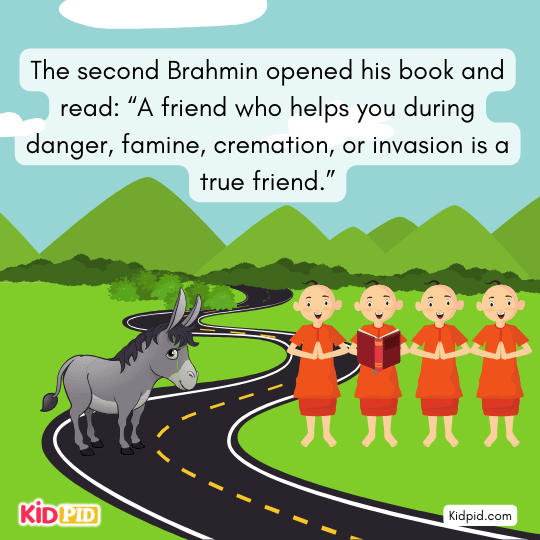 Second Brahmin finds a verse and decides the donkey must be their true friend in danger.