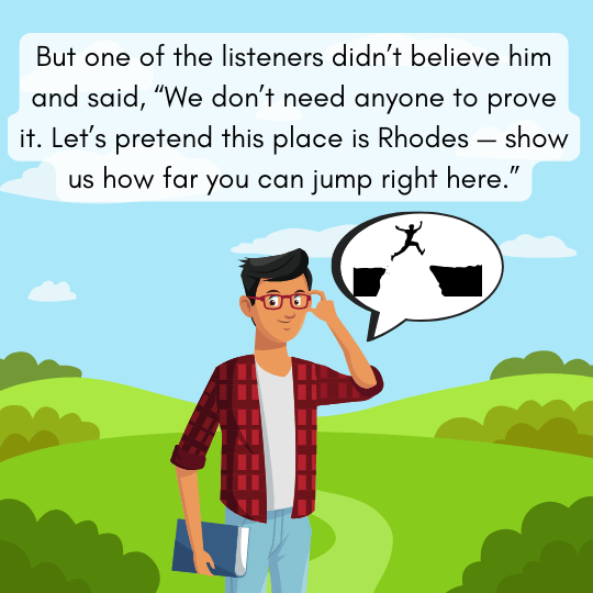 Man realizing he cannot prove his amazing jump, showing the importance of honesty in children’s stories.