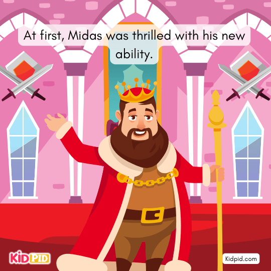 Midas excited after receiving the golden touch, beginning to use his new magical power.