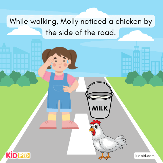 Molly sees a chicken by the road and gets a new idea for making more money.
