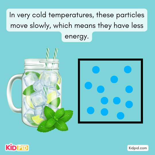 Particles moving slowly in cold temperatures, showing less energy in matter – thermal energy concept for kids 