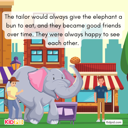Tailor and elephant happily greeting each other, bonding in a moral story for kids.